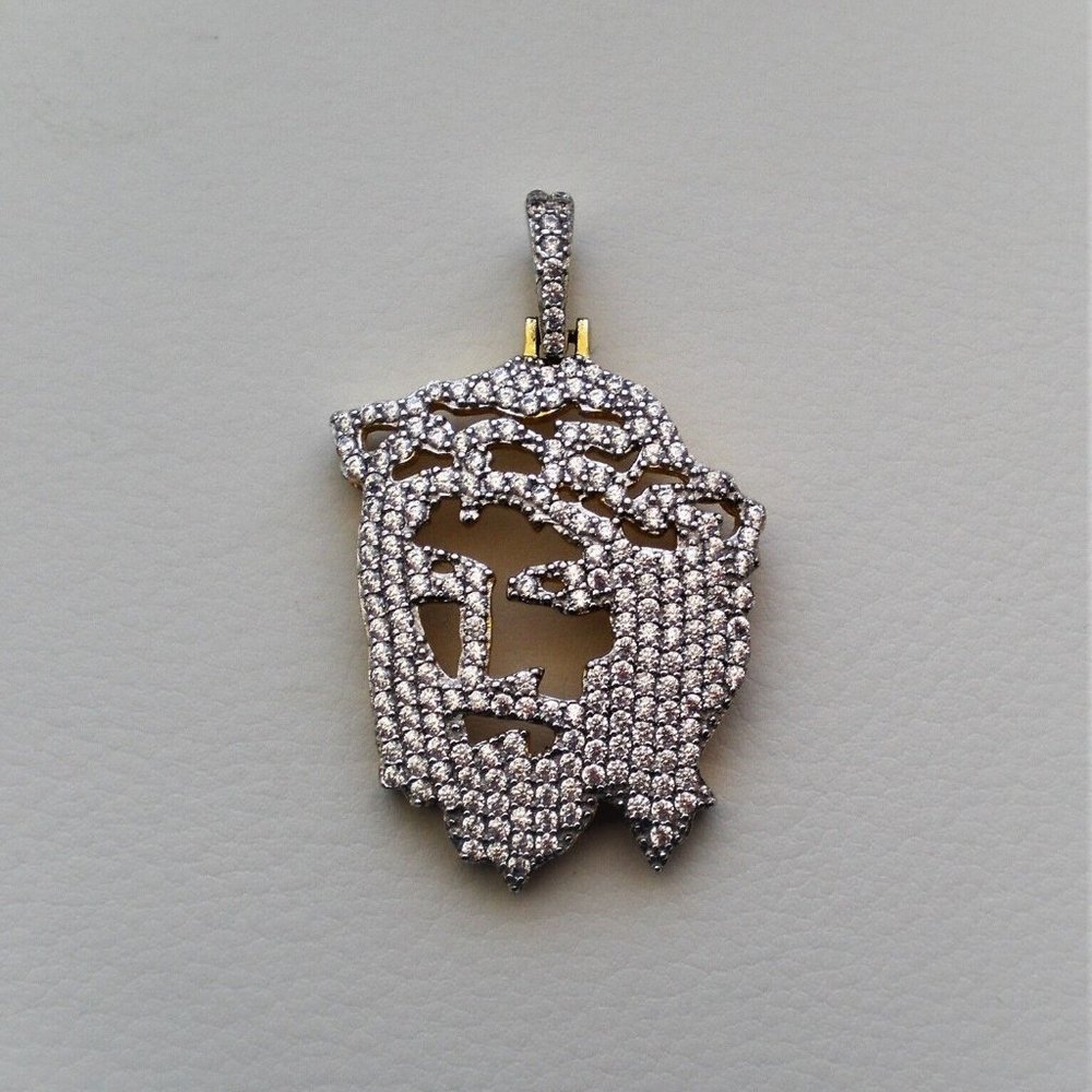Designer Gold Gilded Sterling Silver Cubic Zirconia Cluster Jesus Face Pendant